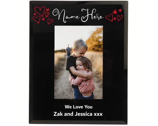 Personalised Any Name Photo Frame With hand drawn hearts 6x4 or 7x5 Black Glass